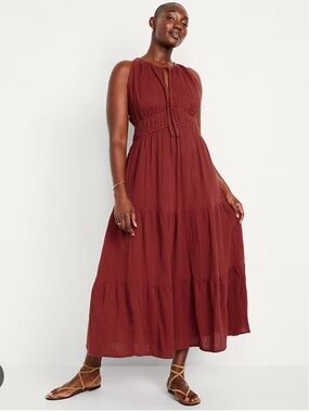 Old Navy Petite XXL Crinkle Gauze Maxi Dress Maroon Fit Flare Resort Relaxed